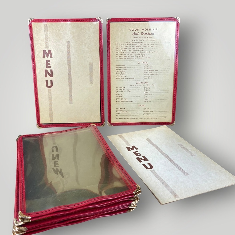 Vintage Diner Menus Red Vinyl Covers Restaurant Prop Ephemera Set 10 1950s 1960s